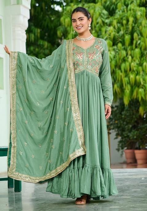 Pista Embroidery Silk Gown With Dupatta