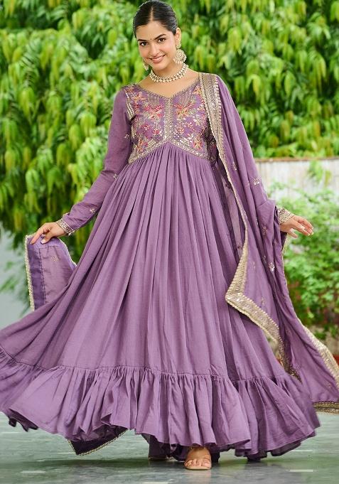 Lavender Embroidery Silk Gown With Dupatta