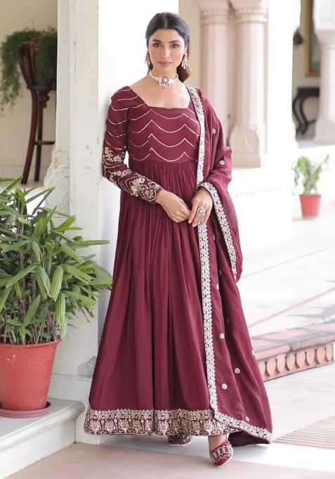 Maroon Embroidery Silk Gown With Dupatta