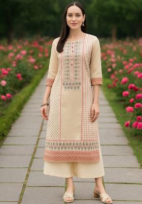 Cream Printed Silk Kurta Set