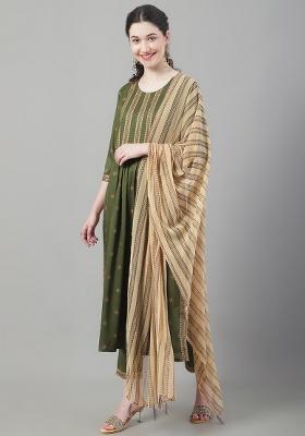 Olive Printed Viscose Rayon Kurta Set