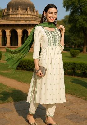 White Embroidery Viscose Rayon Kurta Set
