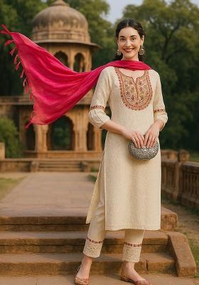 Beige Embroidery Cotton Blend Kurta Set