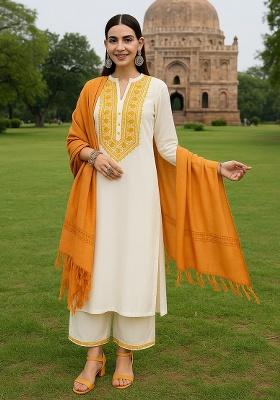 Off White Embroidery Viscose Rayon Kurta Set