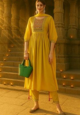 Mustard Embroidery Viscose Rayon Kurta Set