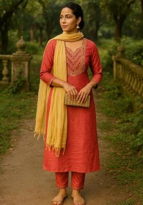 Green Embroidery Poly Cotton Kurta Set