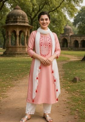 Green Embroidery Poly Cotton Kurta Set