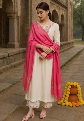 Off White Embroidery Viscose Rayon Kurta Set