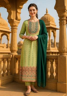 Green Embroidery Viscose Rayon Kurta Set
