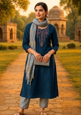 Green Embroidery Poly Cotton Kurta Set