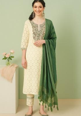 Beige Embroidery Cotton Blend Kurta Set
