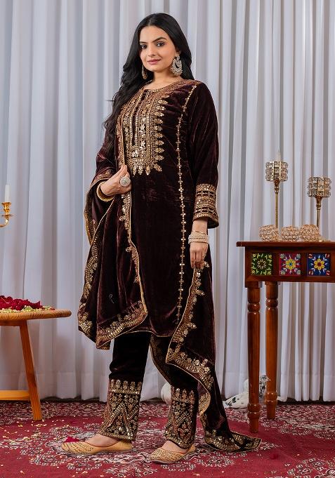 Wine Embroidery Velvet Kurta Set