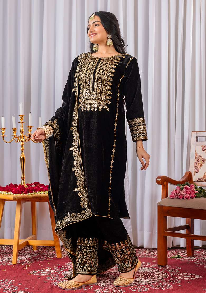 Black Embroidered Velvet Pakistani Suit Set - Indya