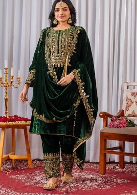 Green Embroidery Velvet Kurta Set