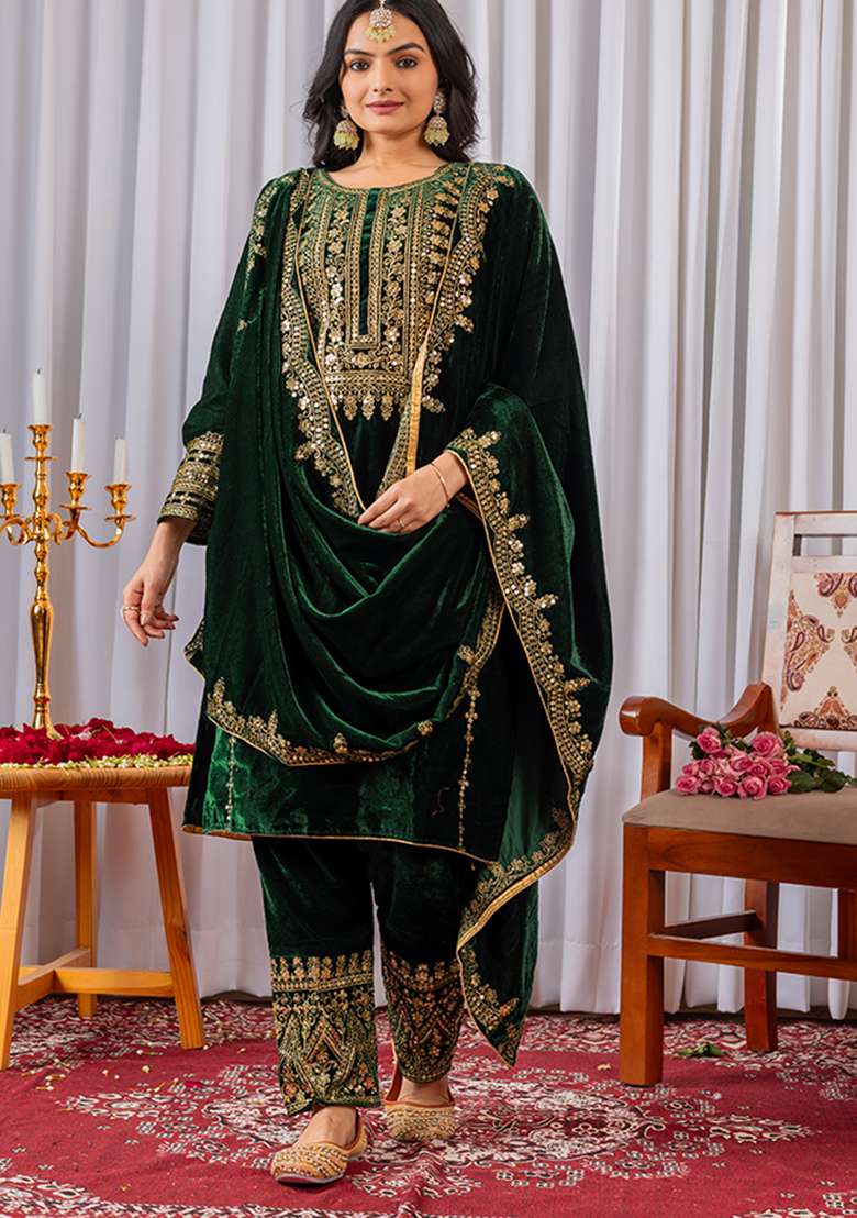 Green Embroidered Velvet Pakistani Suit Set - Indya