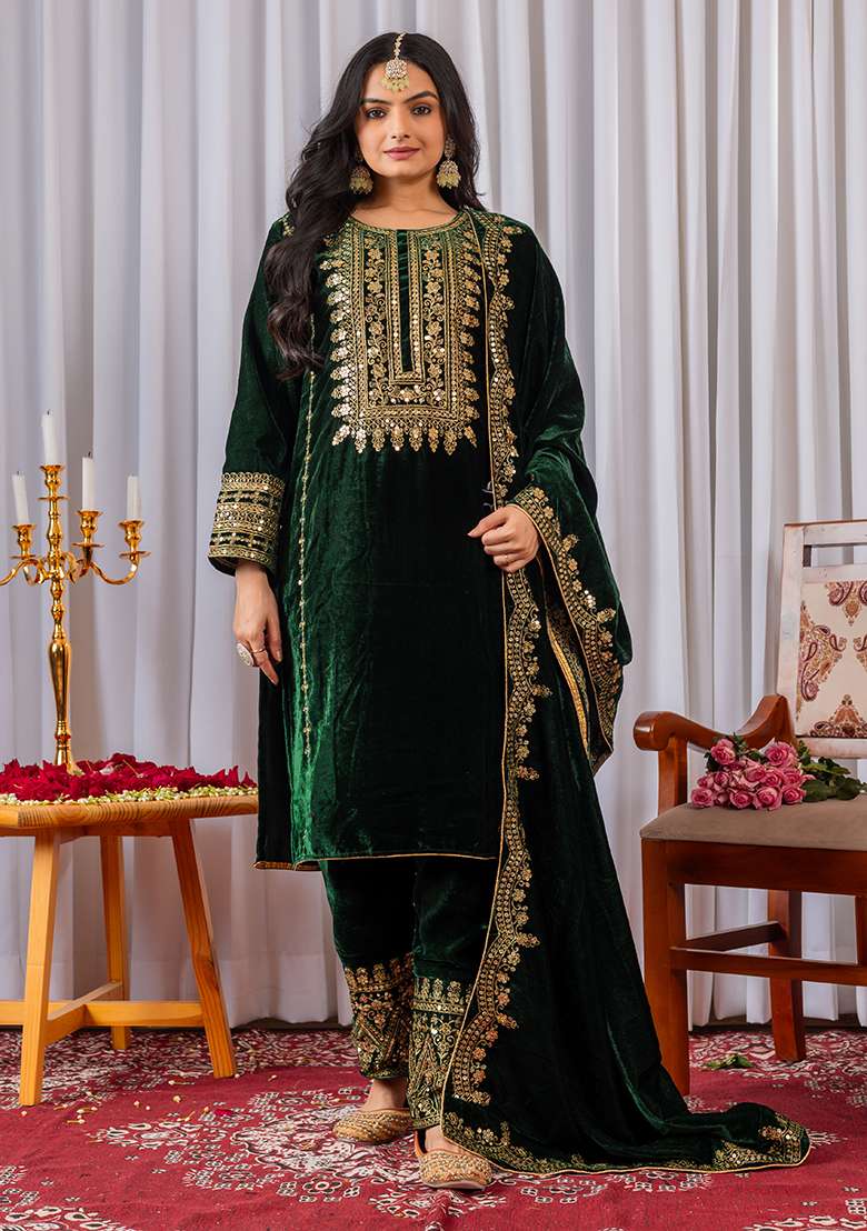 Green Embroidered Velvet Pakistani Suit Set - Indya