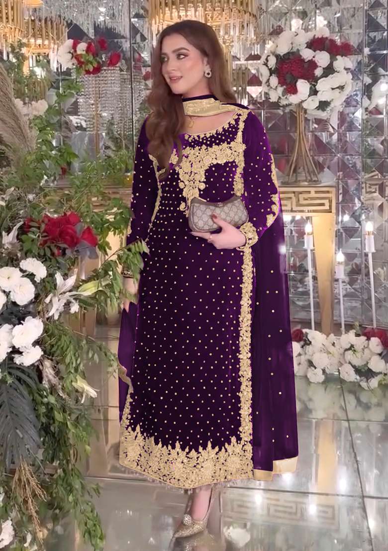 Purple Embroidered Velvet Pakistani Suit Set - Indya