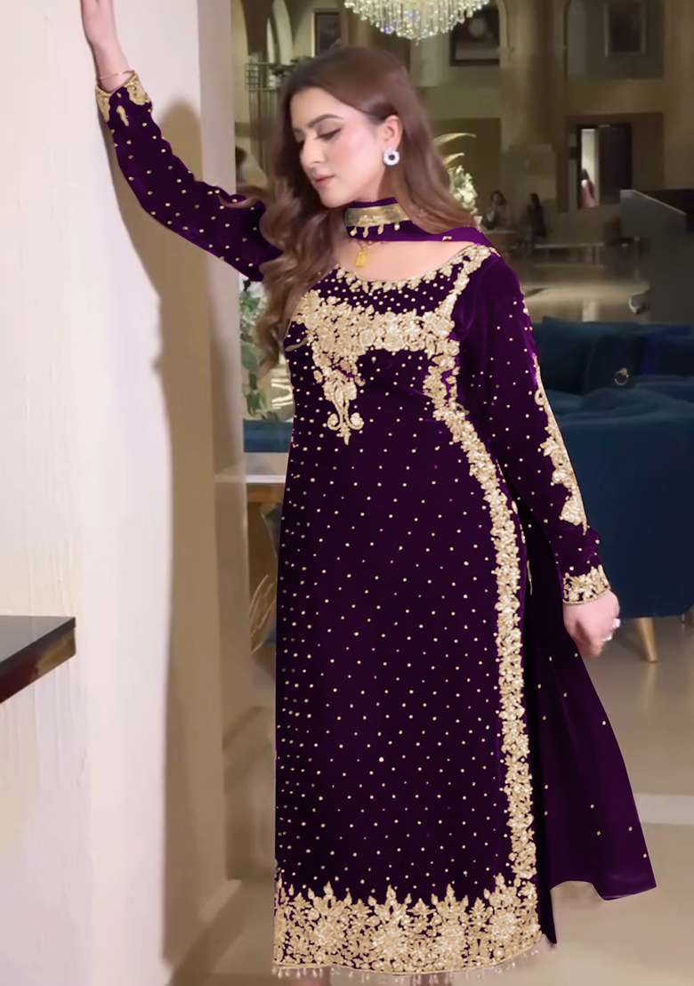 Purple Embroidered Velvet Pakistani Suit Set - Indya