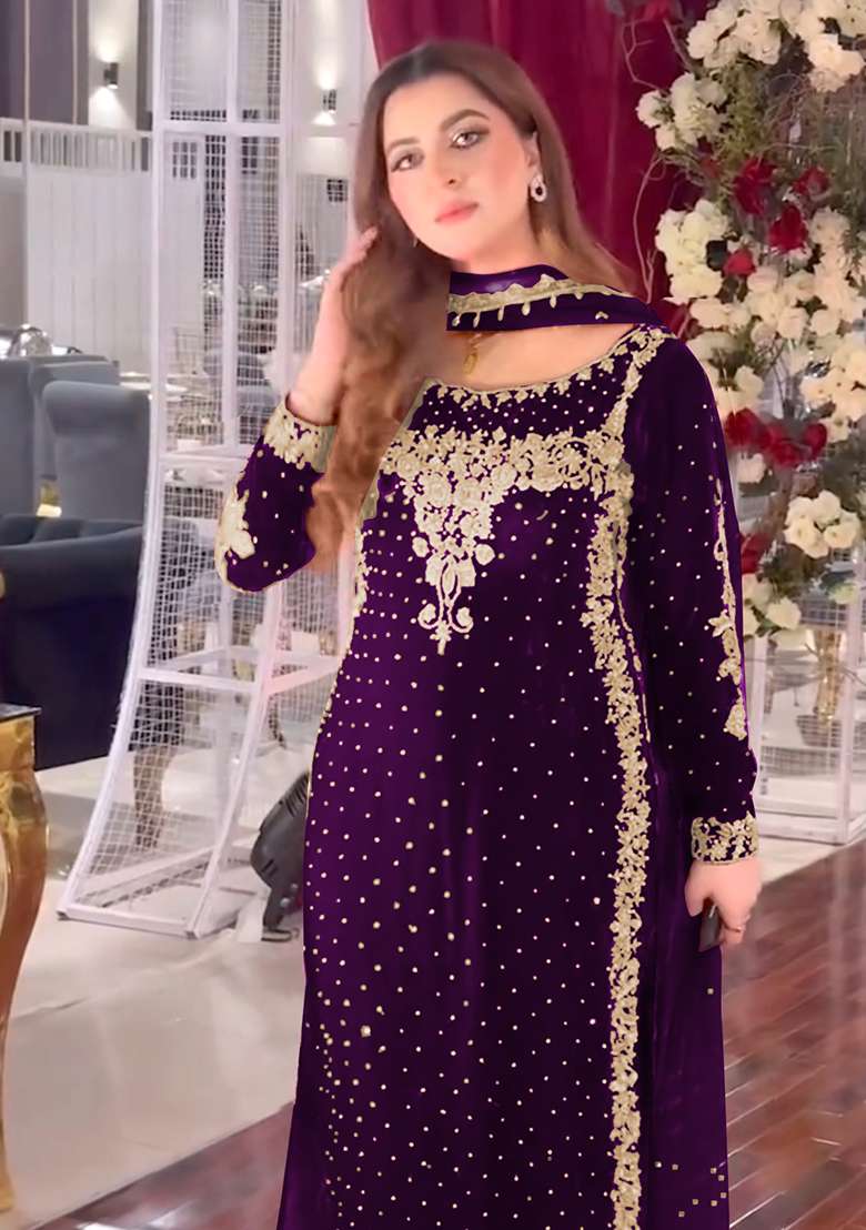 Purple Embroidered Velvet Pakistani Suit Set - Indya
