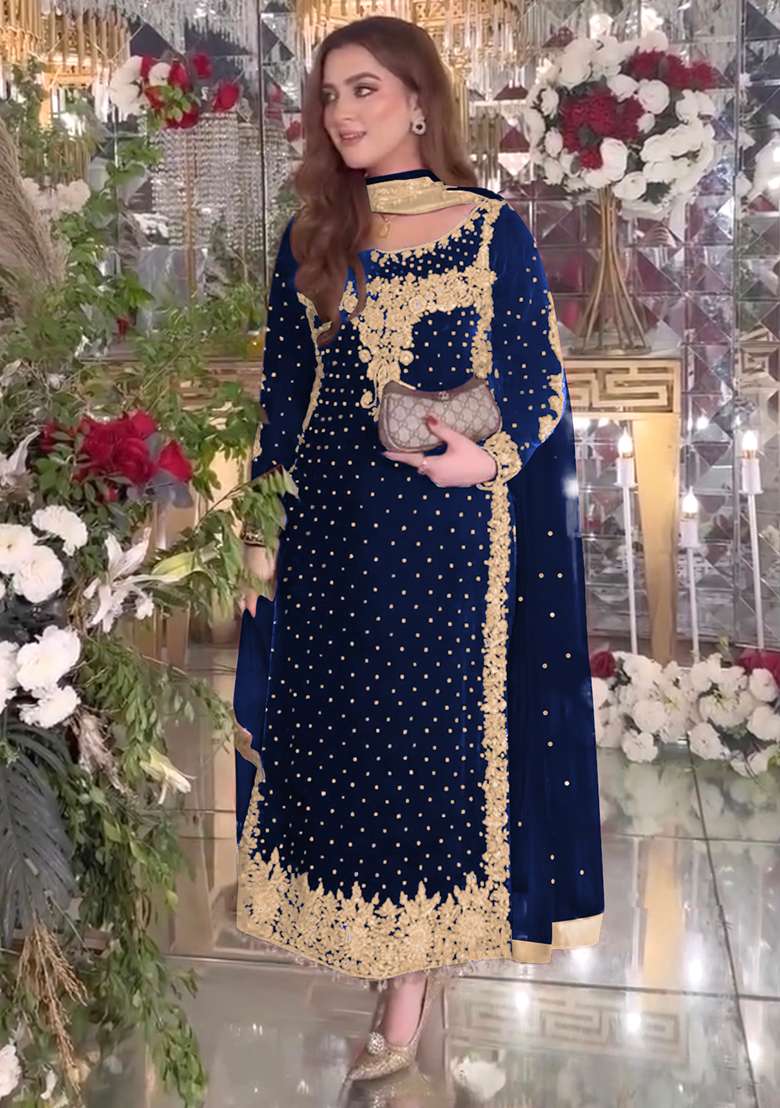 Blue Embroidered Velvet Pakistani Suit Set - Indya