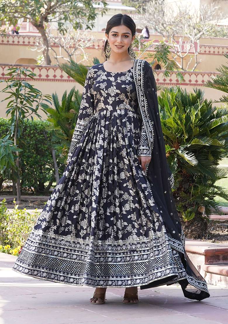 Black Printed Viscose Anarkali Set - Indya