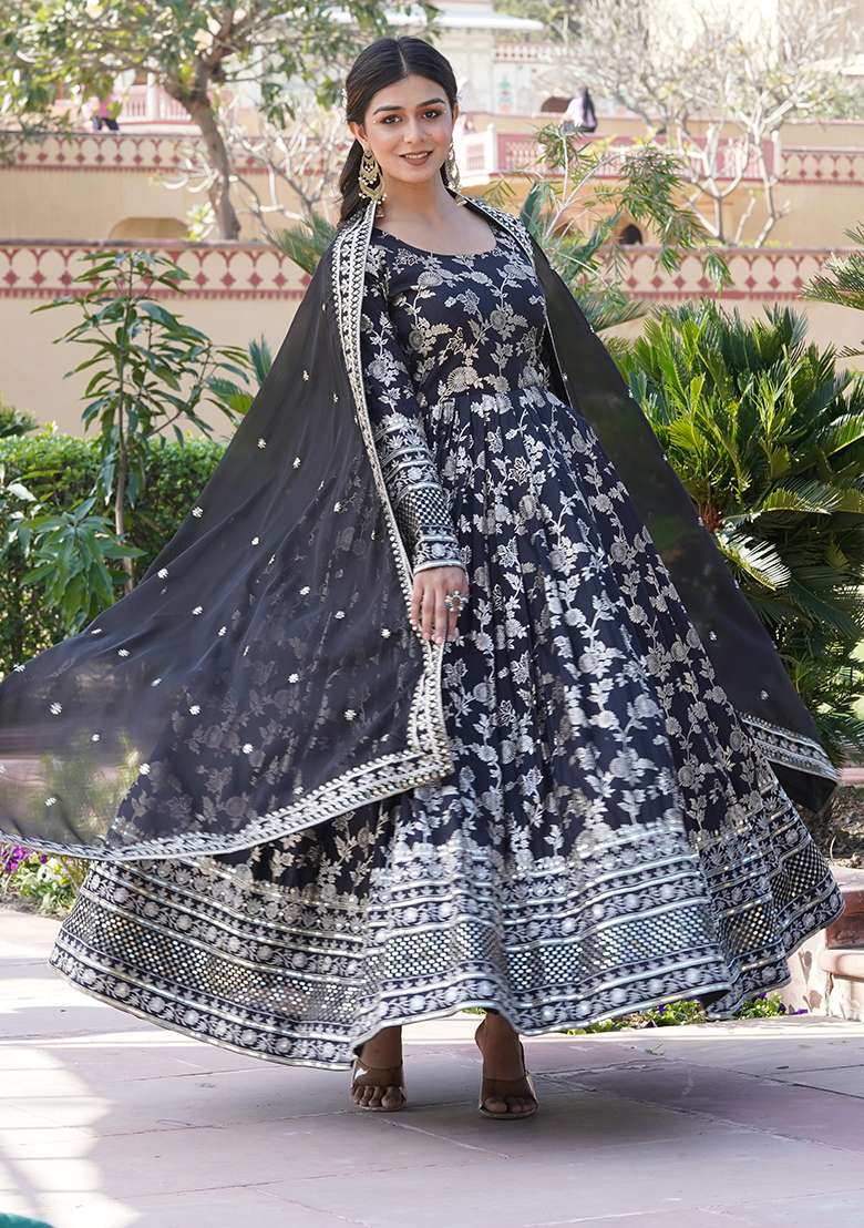 Black Printed Viscose Anarkali Set - Indya