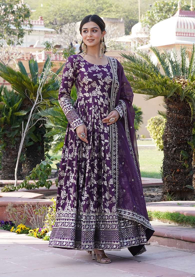 Wine Embroidered Viscose Anarkali Set - Indya