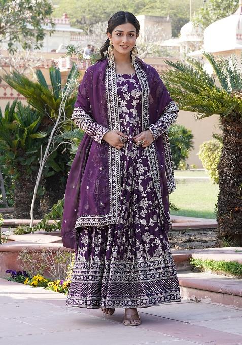 Wine Embroidery Viscose Jacquard Kurta Set