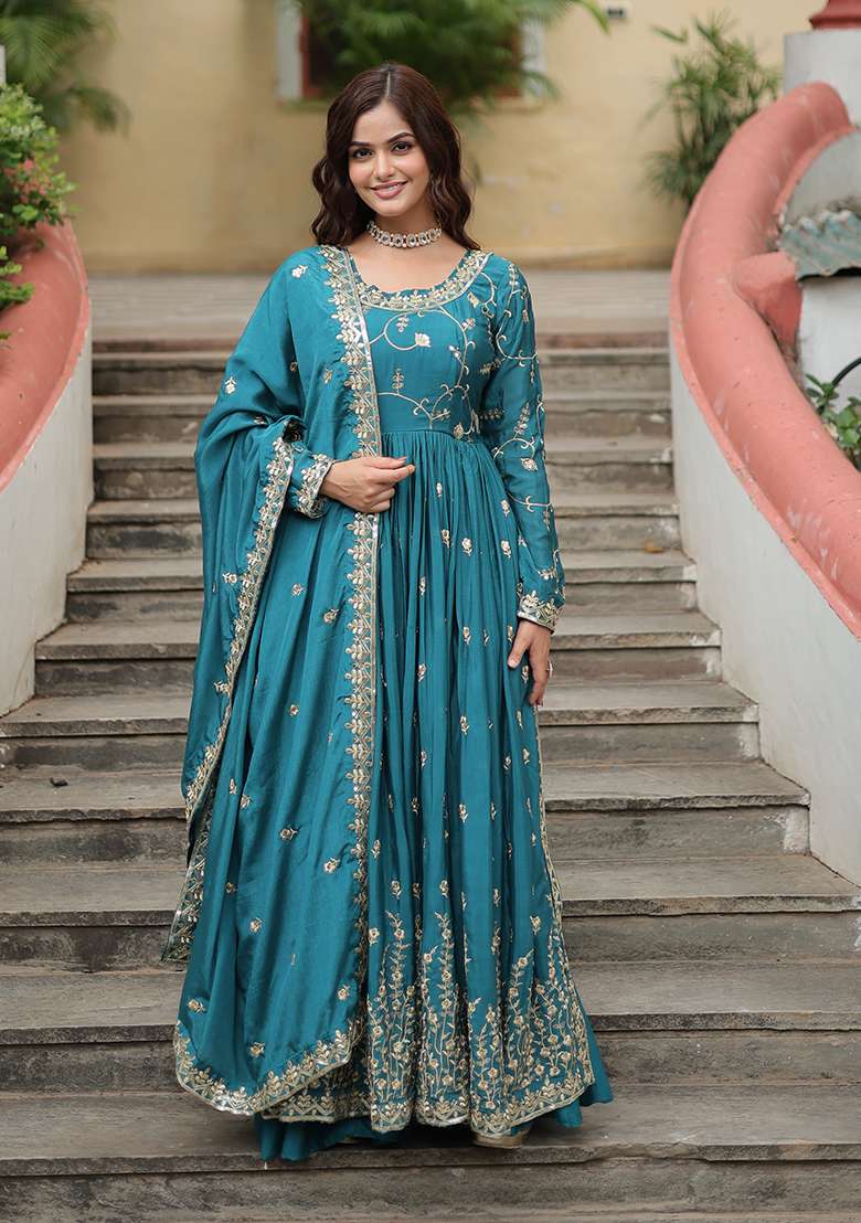 Black Embroidered Chinon Anarkali Set - Indya