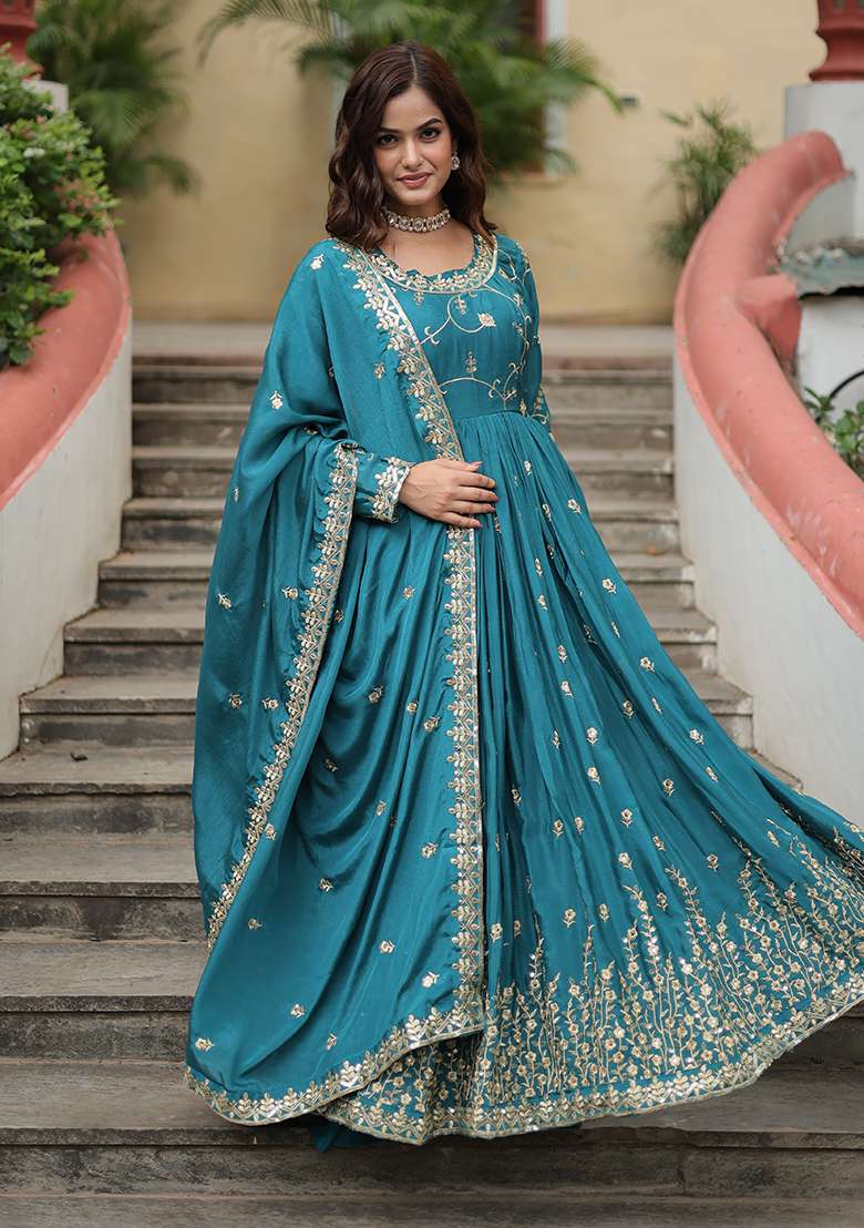 Black Embroidered Chinon Anarkali Set - Indya