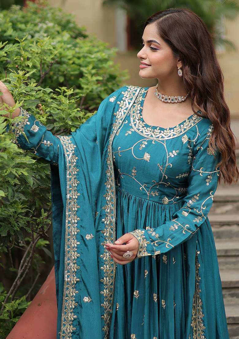 Black Embroidered Chinon Anarkali Set - Indya