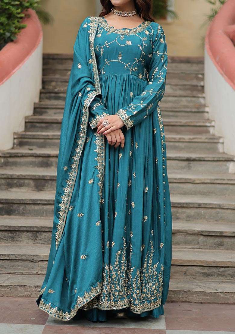 Black Embroidered Chinon Anarkali Set - Indya