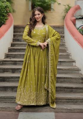 Purple Embroidery Chinon Kurta Set