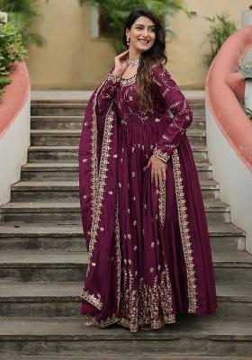 Wine Embroidery Chinon Kurta Set