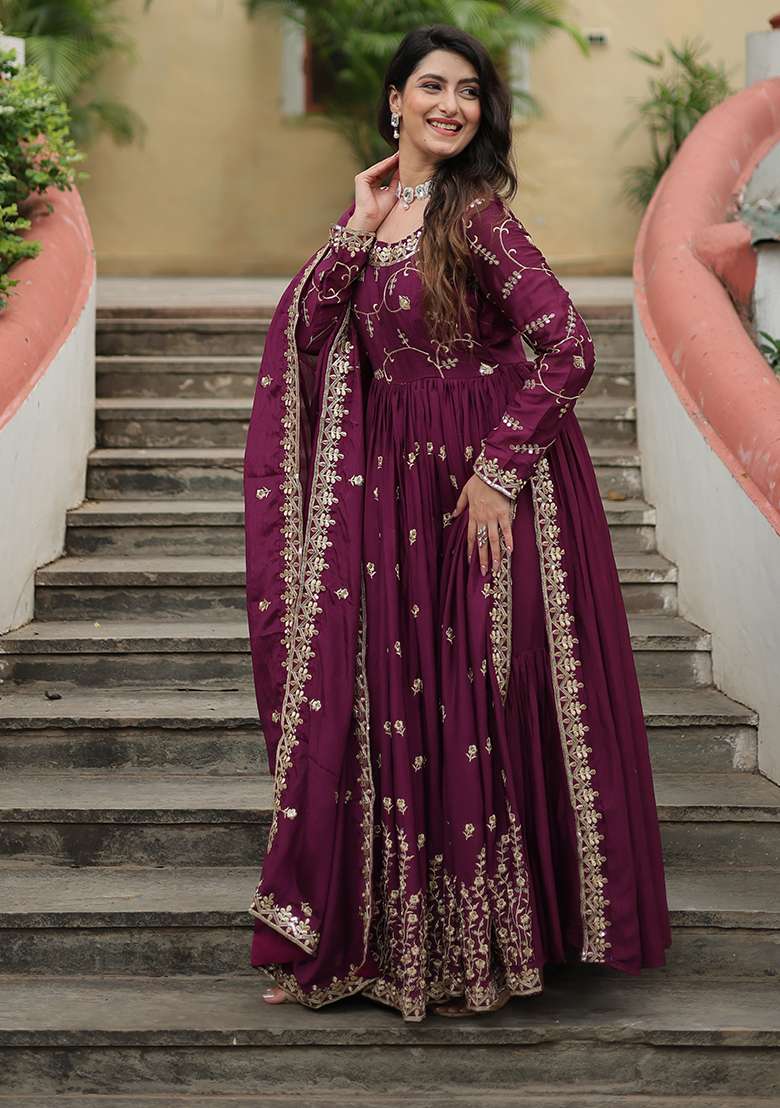 Wine Embroidered Chinon Anarkali Set - Indya