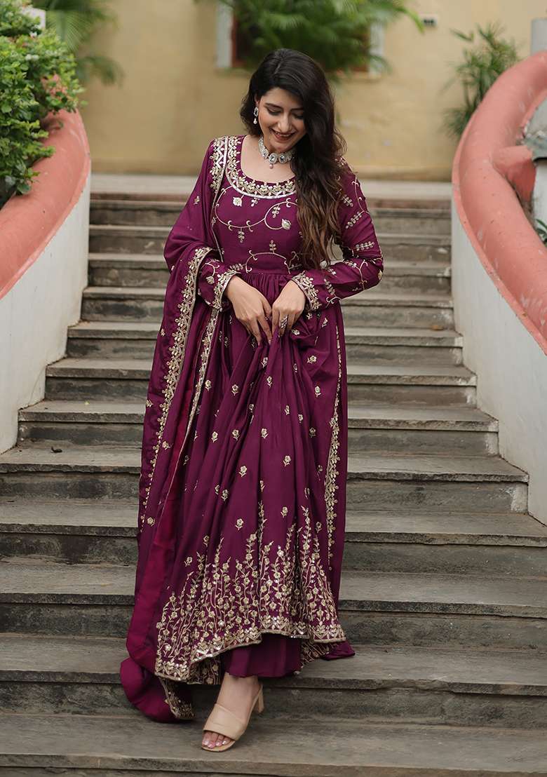 Wine Embroidered Chinon Anarkali Set - Indya