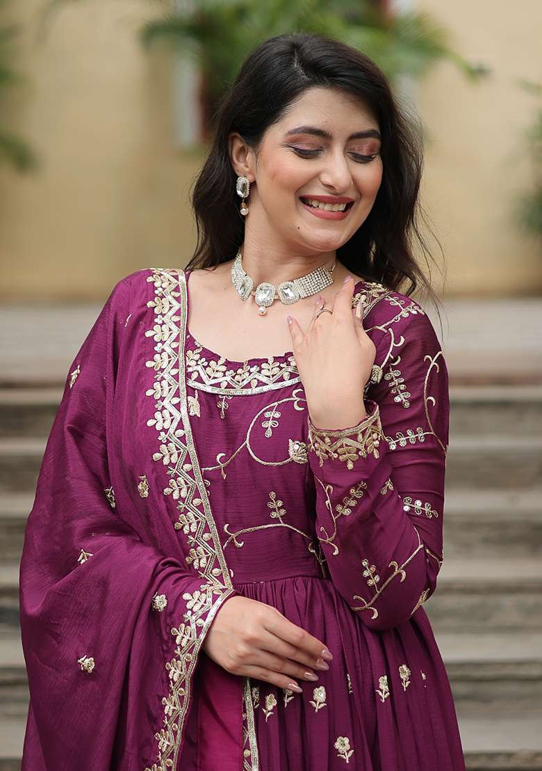 Wine Embroidered Chinon Anarkali Set - Indya