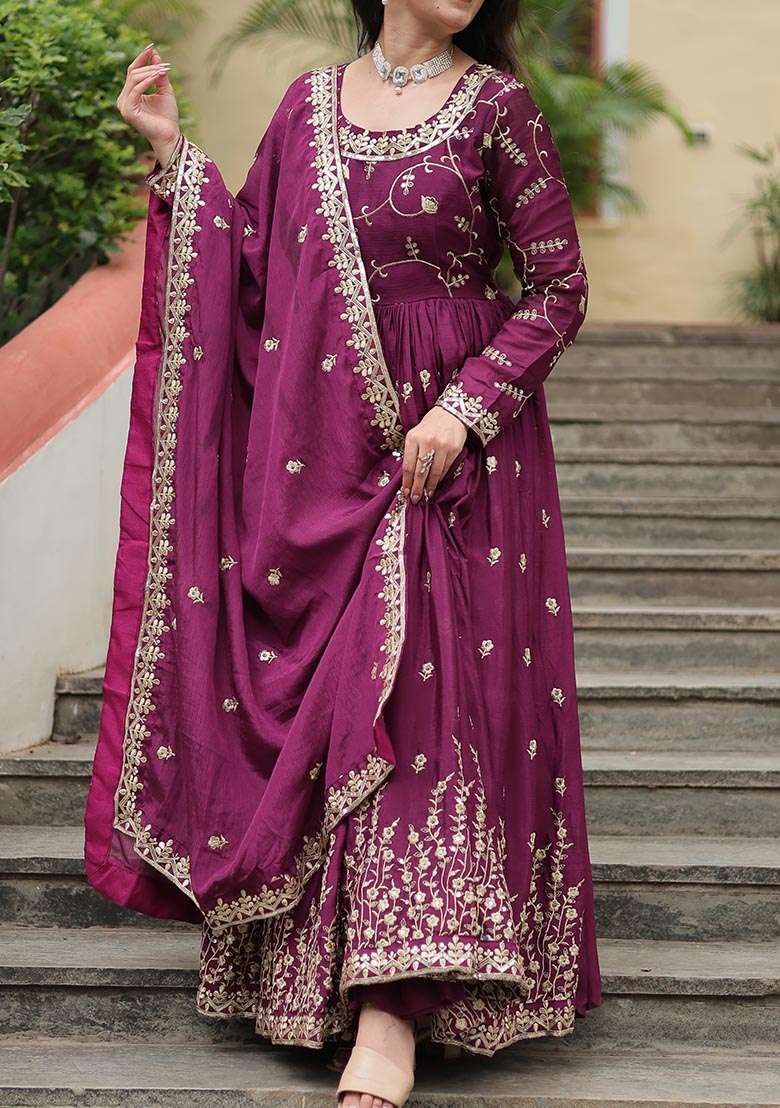 Wine Embroidered Chinon Anarkali Set - Indya