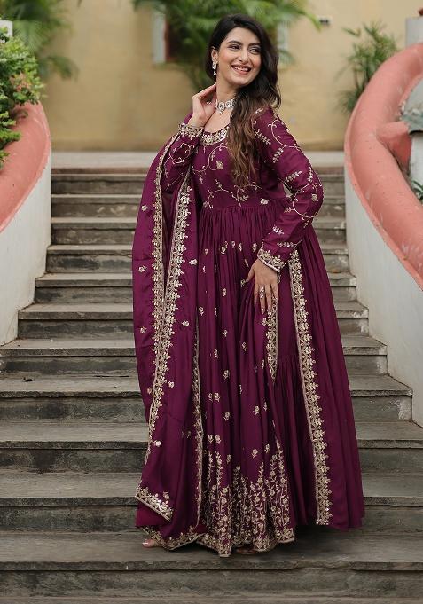 Wine Embroidery Chinon Kurta Set