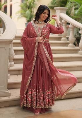 Coffee Embroidered Georgette Anarkali Set