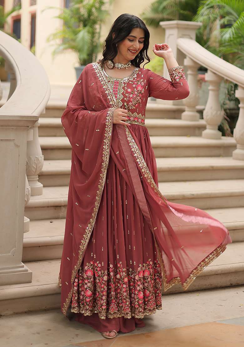 Coffee Embroidered Georgette Anarkali Set - Indya
