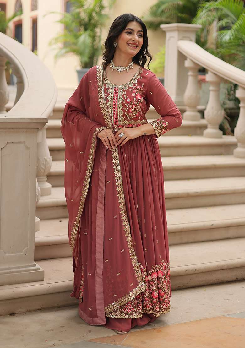 Coffee Embroidered Georgette Anarkali Set - Indya