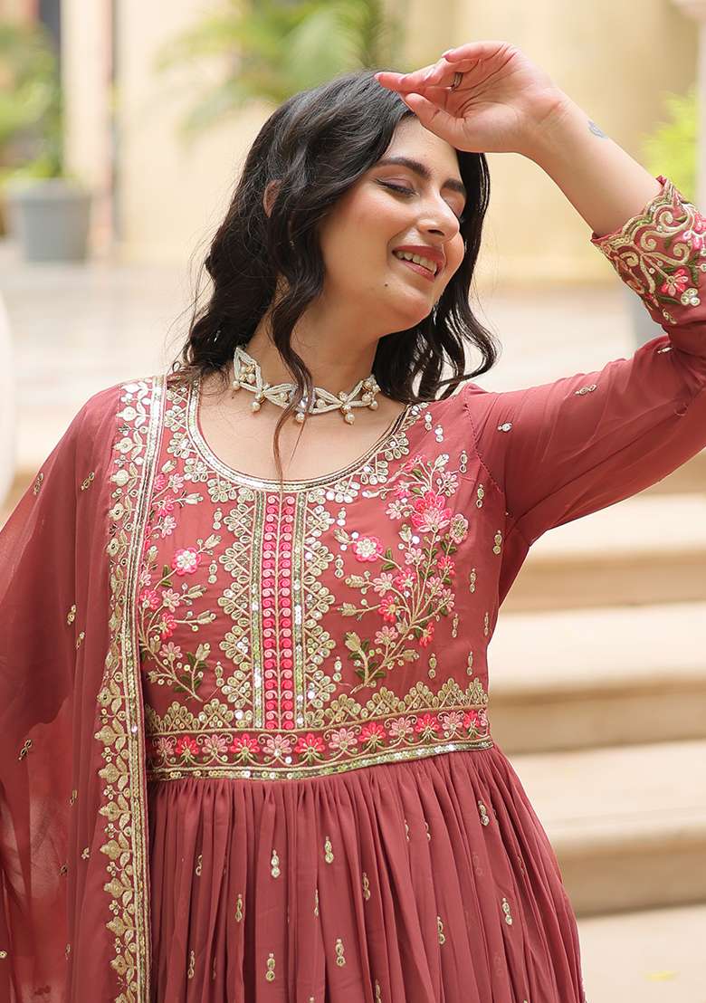 Coffee Embroidered Georgette Anarkali Set - Indya