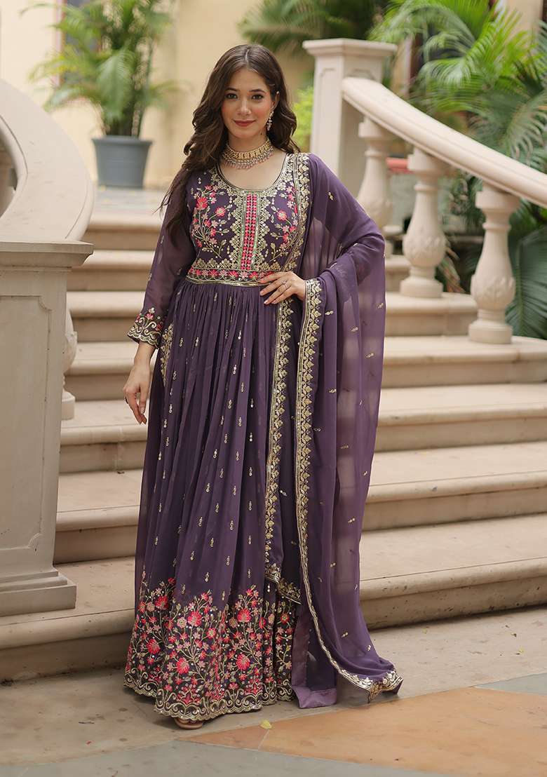 Onion Embroidered Georgette Anarkali Set - Indya