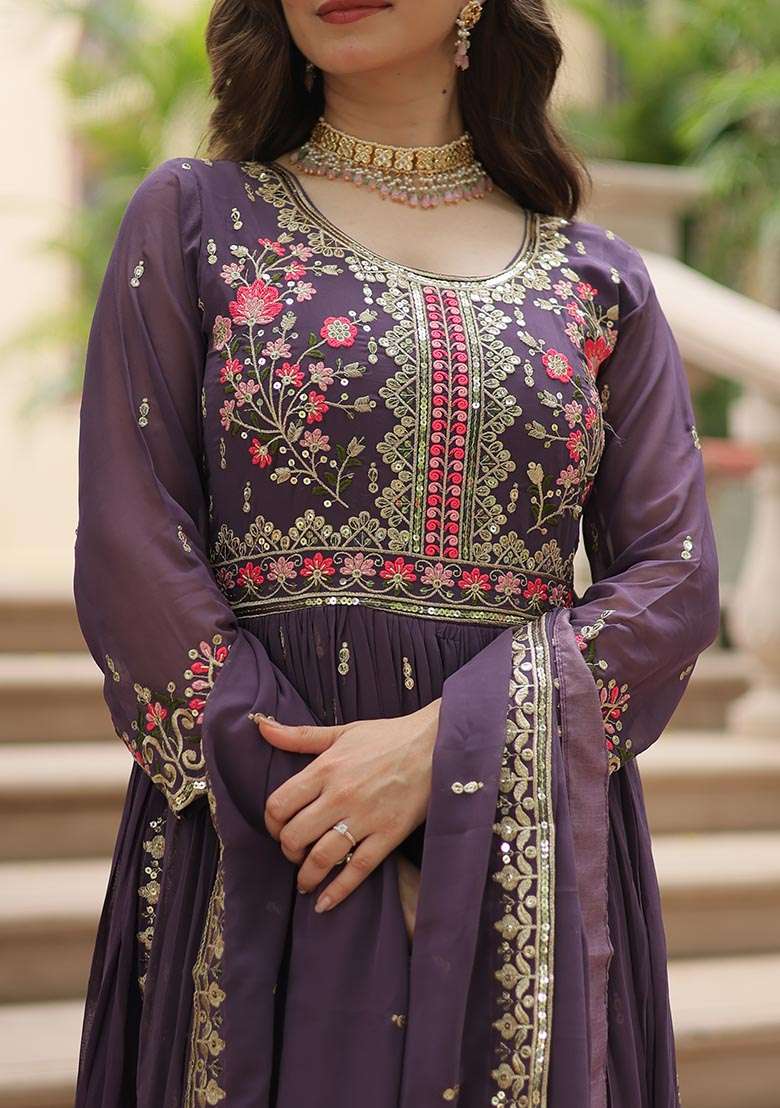 Onion Embroidered Georgette Anarkali Set - Indya
