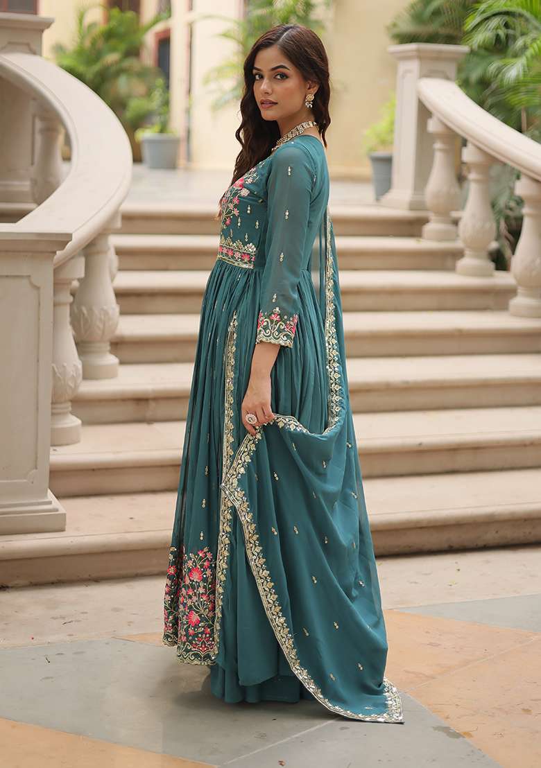 Rama Embroidered Georgette Anarkali Set - Indya