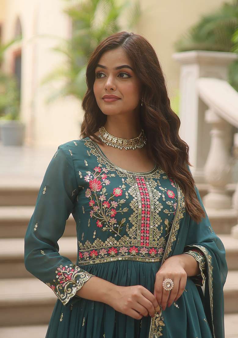 Rama Embroidered Georgette Anarkali Set - Indya