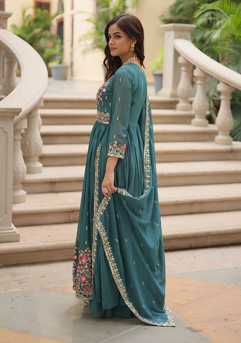 Rama Embroidered Georgette Anarkali Set - Indya