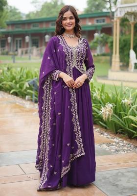 Purple Embroidered Georgette Anarkali Set