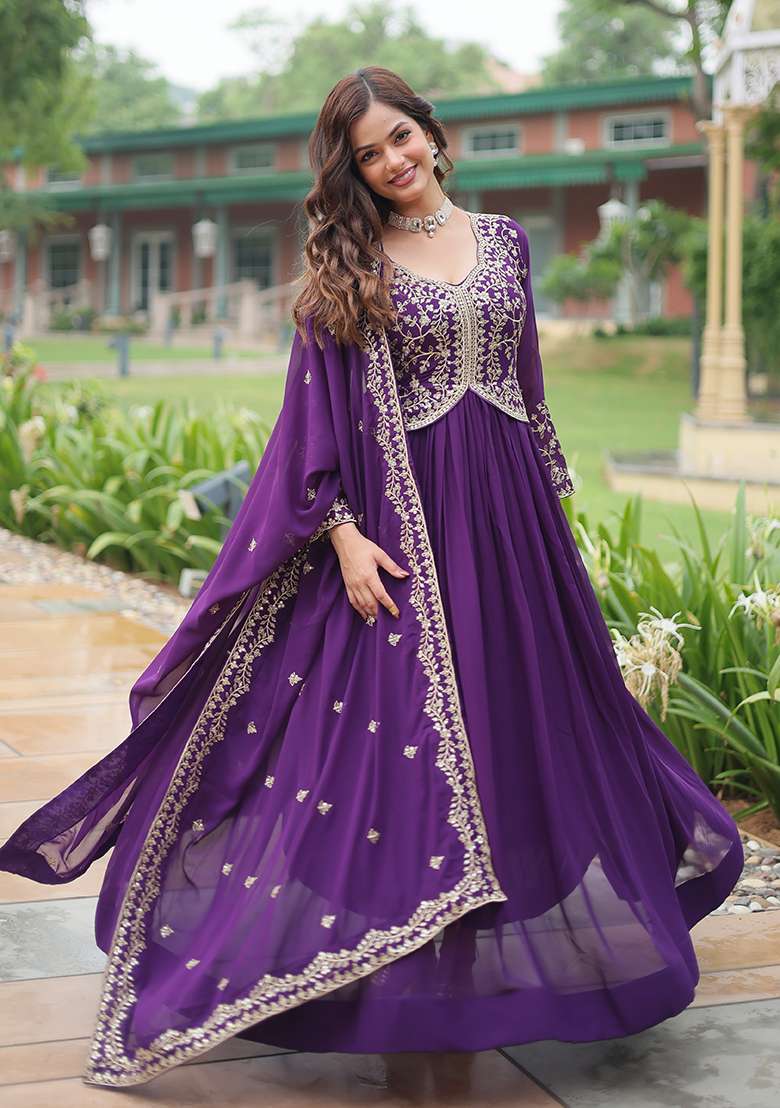 Purple Embroidered Georgette Anarkali Set - Indya